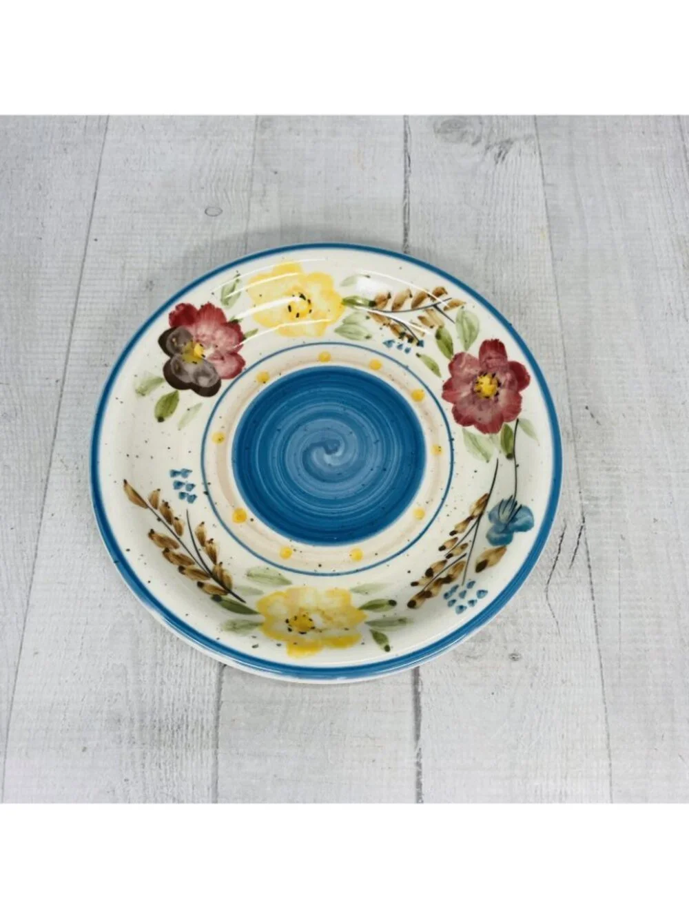 Royal Norfolk FLORAL BLUE CENTER SPECKLED Stoneware Round Salad Plates Set 3
